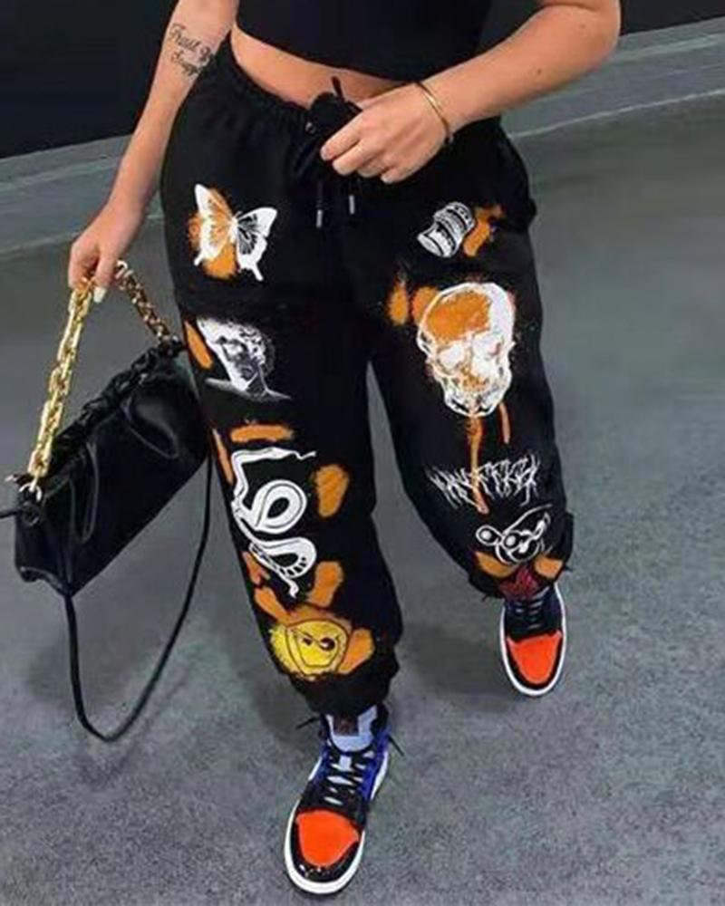 Cartoon Print Drawstring Front Pocket Detail Sports Pants For Women-Pinkami