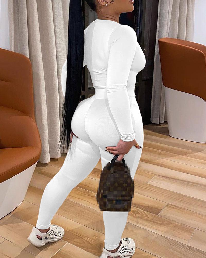 Solid Long Sleeve Scoop Neck Top & Pants Set-Pinkami