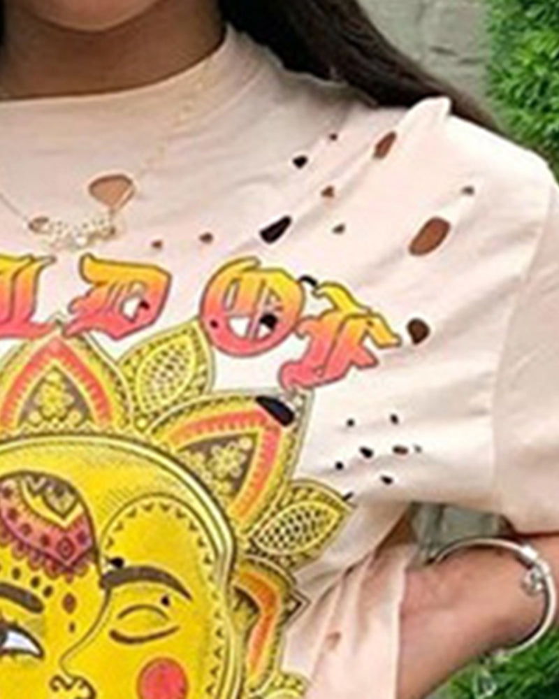 Letter & Sunflower Print Hollow Out T-Shirt-Pinkami