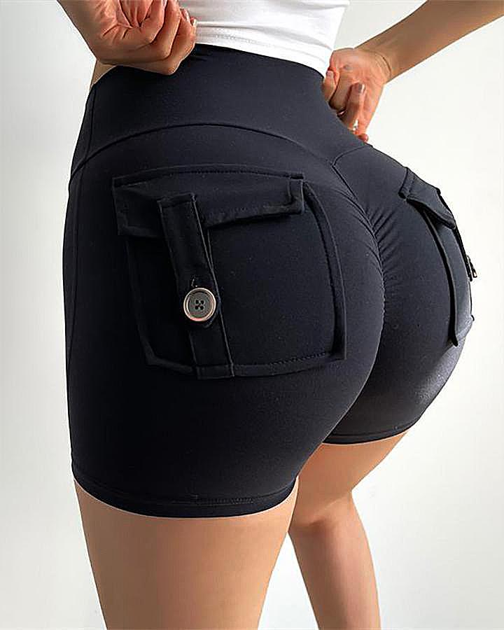 Flap Pocket Ruched Back Sports Shorts-Pinkami