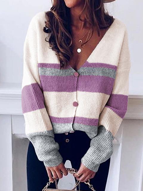 V-neck Button Stripe Sweater Cardigan-Pinkami