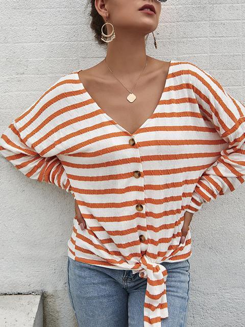 Striped Pattern Button Strap Knit Cardigan-Pinkami