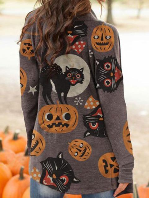 Halloween Animal Cat Pumpkin Print Cardigan-Pinkami