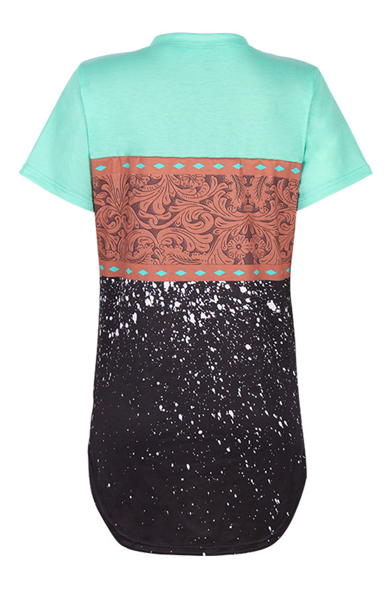 Tribal & Leopard Print Round Neck T-Shirt-Pinkami