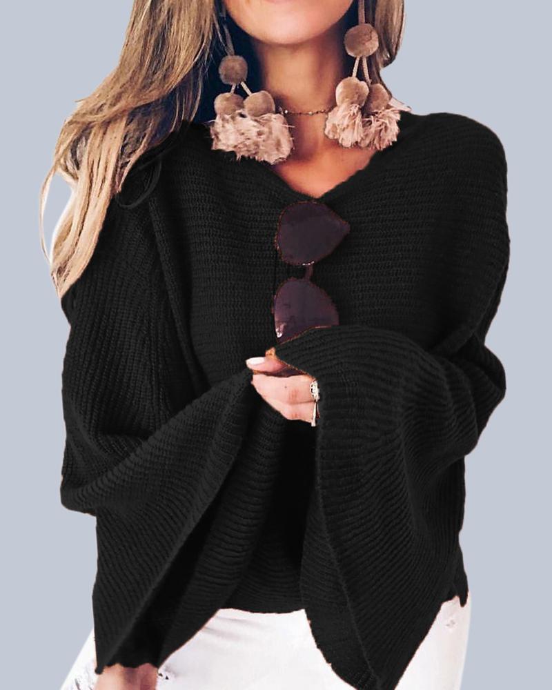 Solid Bell Sleeve Scoop Neck Sweater-Pinkami