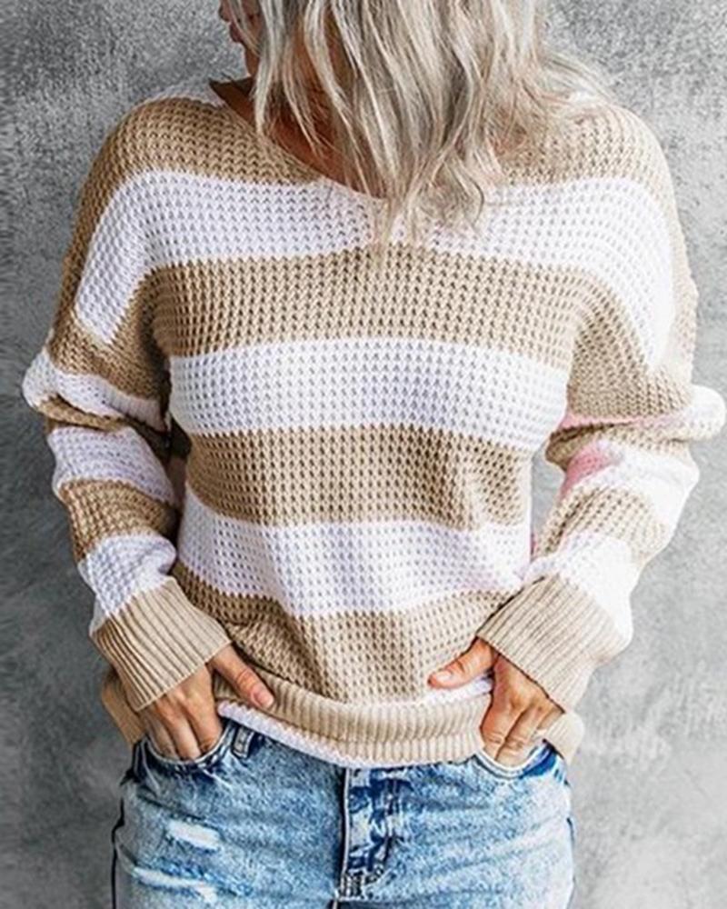 Striped Chunky Knit Drop Shoulder V Neck Sweater-Pinkami