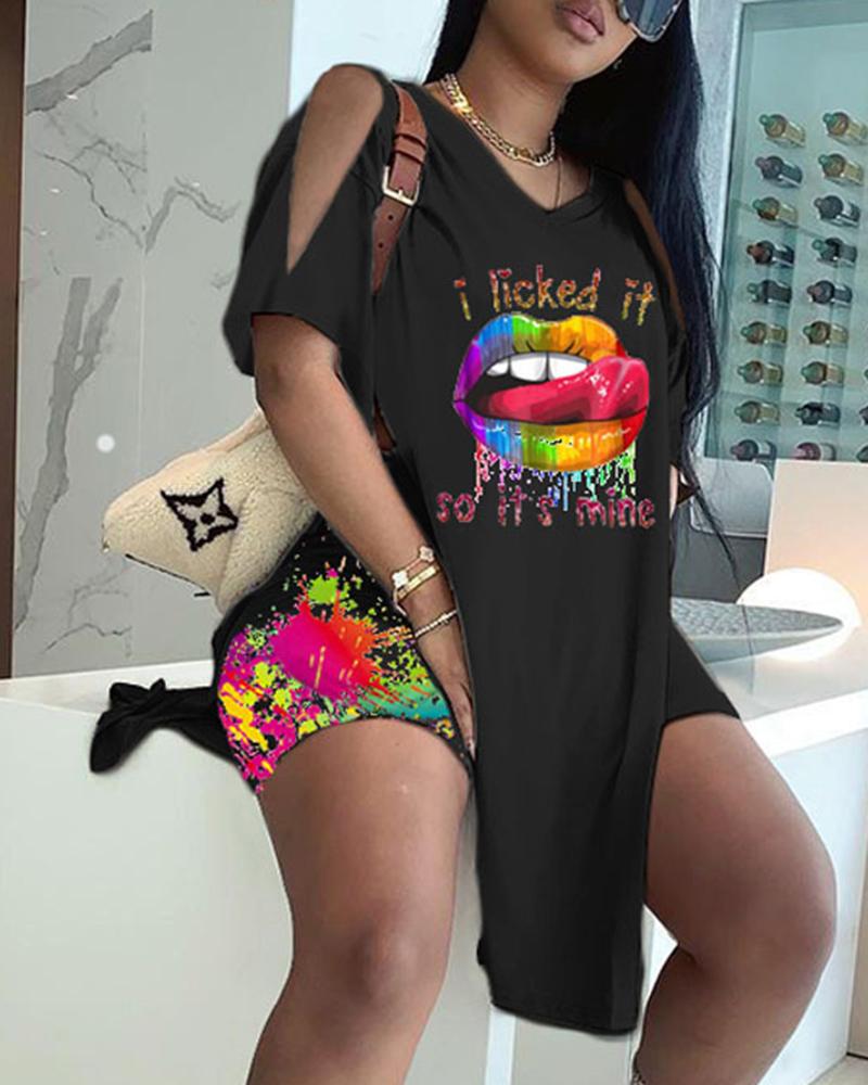 Letter & Graphic Print Split Hem Top & Pants Set