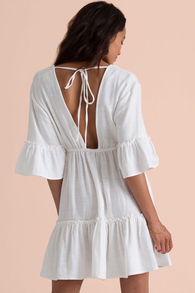 Stringy-Selvedge Sleeved Flare Hem Semi-Sheer Cover Up-Pinkami