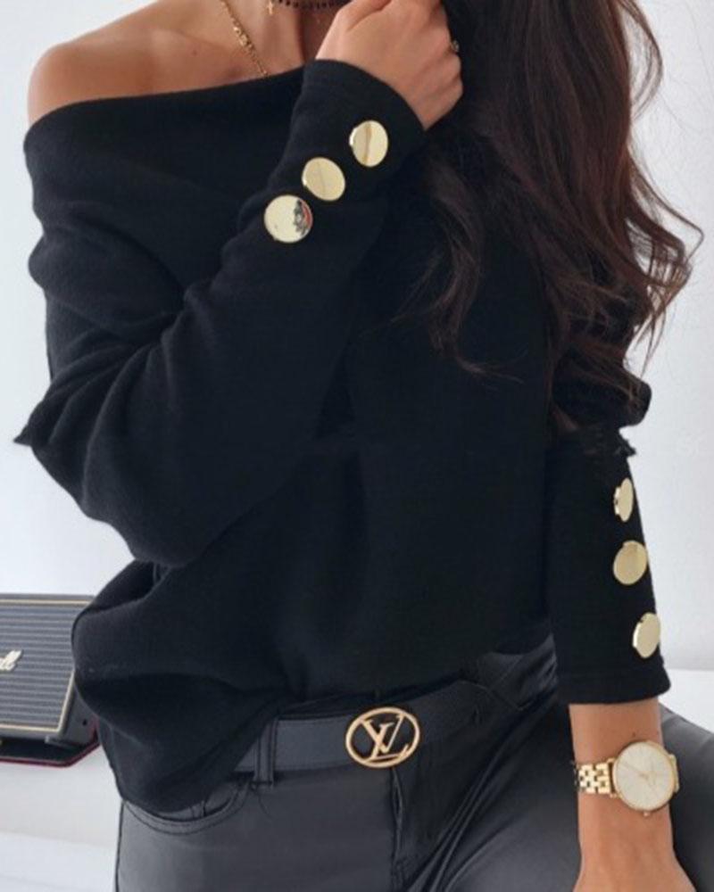 Boat Neck Button Decor Sweater-Pinkami