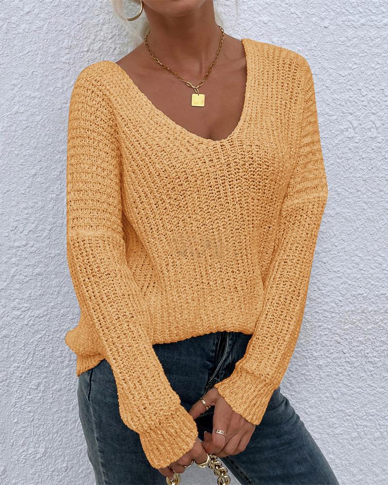 Solid Chunky Knit V Neck Sweater-Pinkami