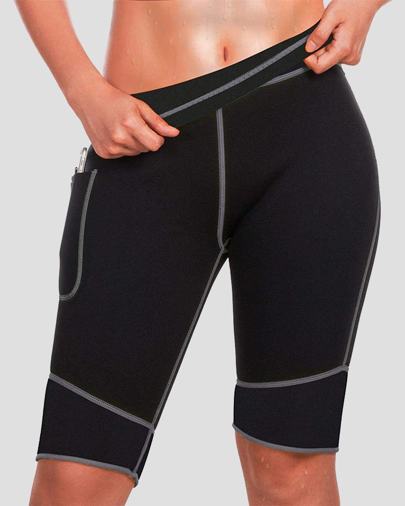 Contrast Binding Wide Waist Band Pocket Side Butt Lifting Sports Shorts-Pinkami