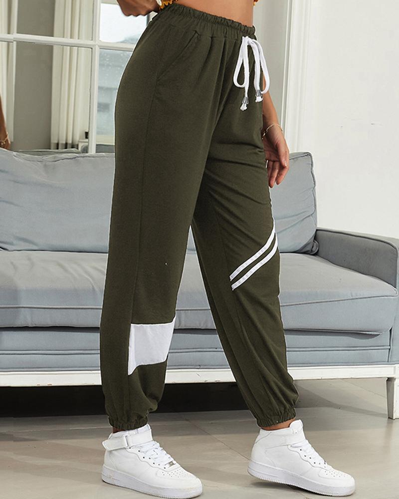 Striped & Colorblock Drawstring Waist Pocket Side Sports Pants For Women-Pinkami