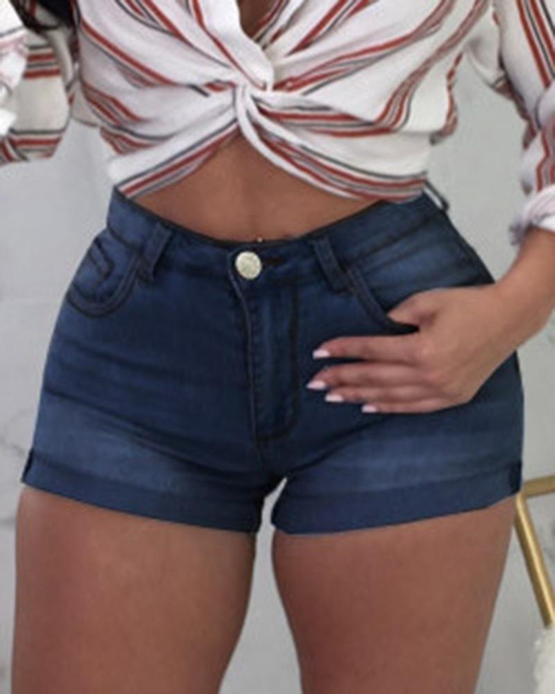 Women Roll Up Hem High Waist Denim Shorts-Pinkami