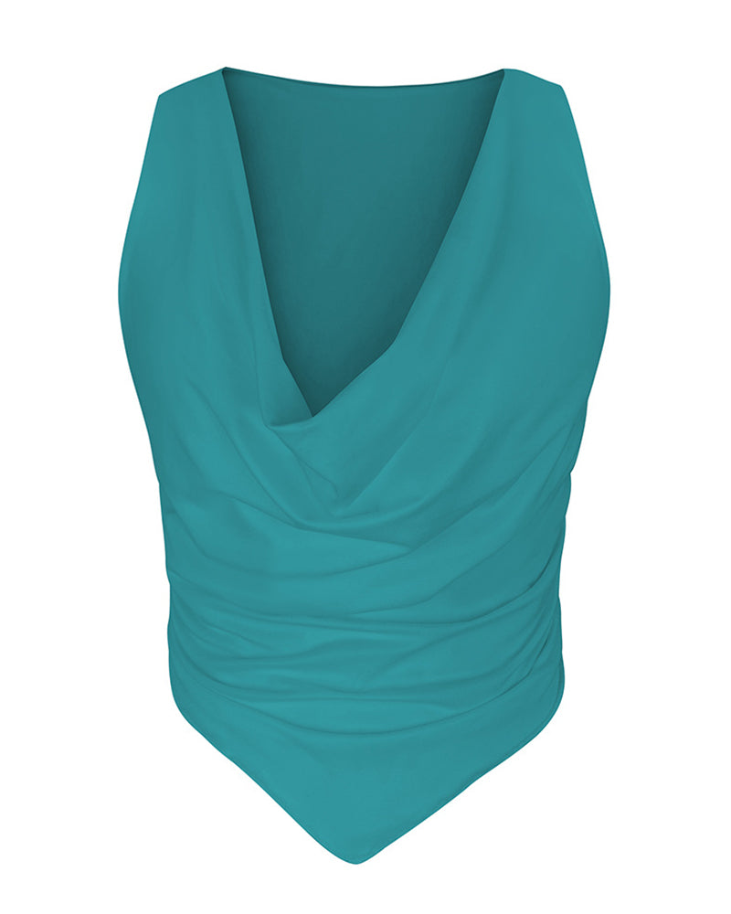 Hanky Hem Lettuce Trim Cowl Neck Crop Tank Top-Pinkami