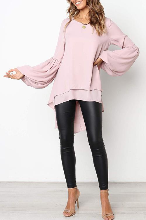 Puff Sleeve Lrregular Hem Solid Color Long Sleeve T-Shirt-Pinkami