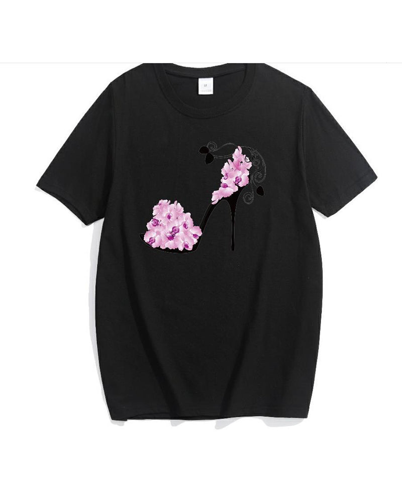 Floral & High Heel Print Drop Shoulder T-Shirt-Pinkami