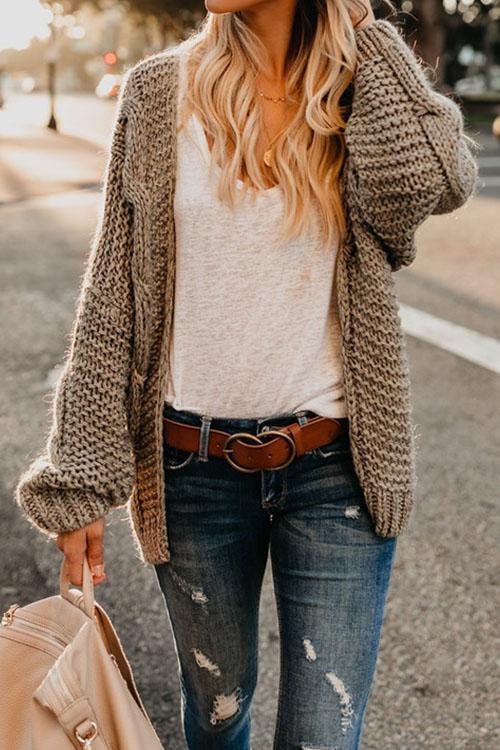 Loose Long-sleeved Twist Knit Sweater Big Twisted Rope Cardigan-Pinkami