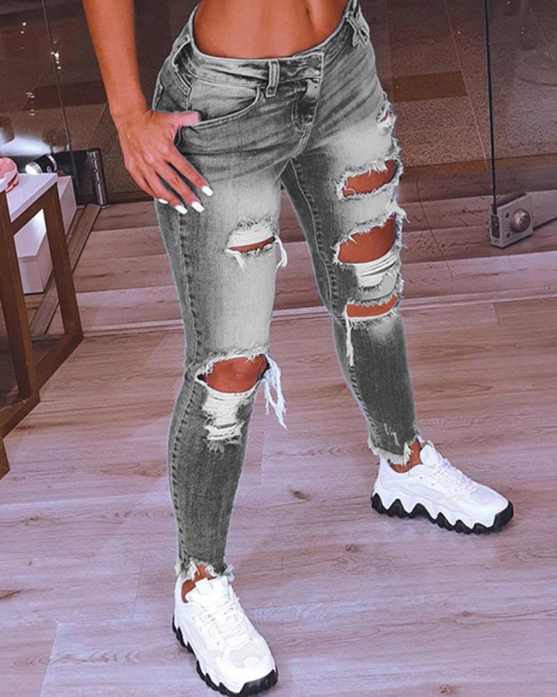 Women Distressed Frayed Hem Skinny Cropped Jeans-Pinkami