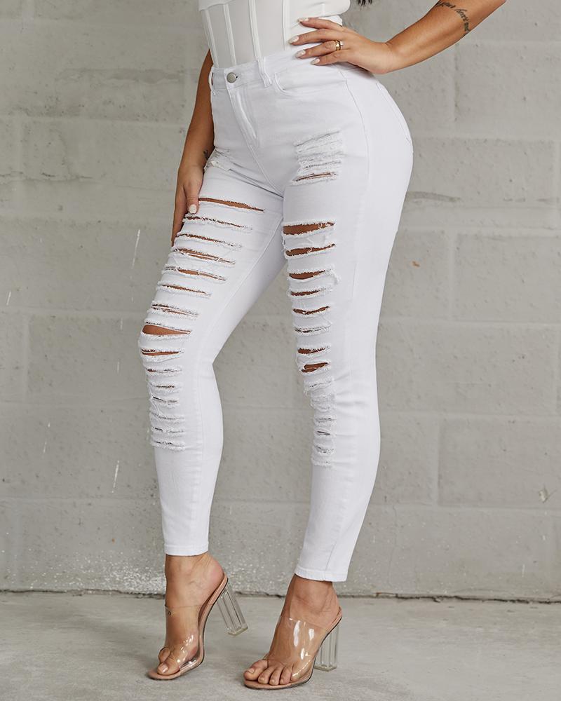 Women Plus High Waist Ladder Distressed Skinny Jeans-Pinkami