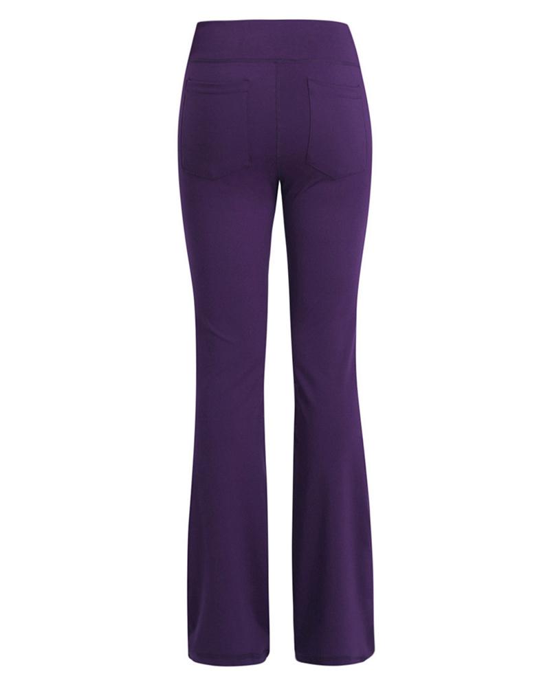 Pocket Detail Flare Leg High Waist Sports Pants For Women-Pinkami