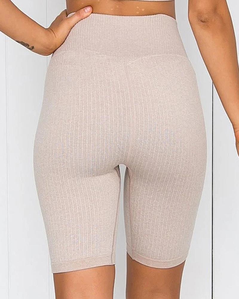 Rib-knit Wide Waistband Butt Lifting Sports Shorts-Pinkami