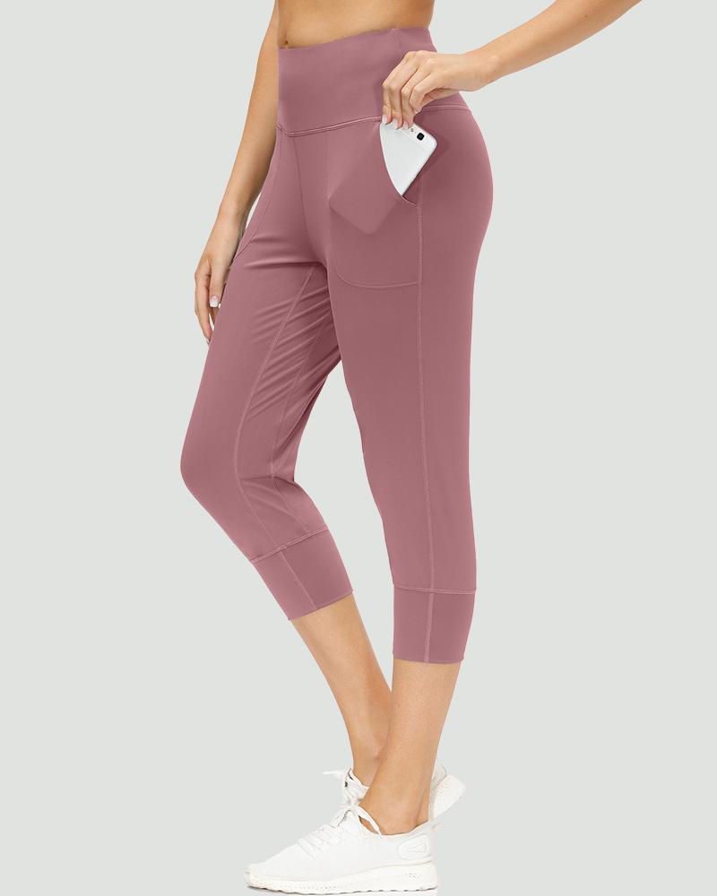 Slant Pocket Wide Waistband Elastic Hem Sports Leggings For Women-Pinkami
