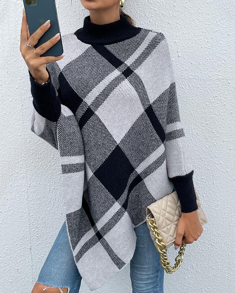 Tartan Leg-of-mutton Sleeve Poncho Sweater-Pinkami