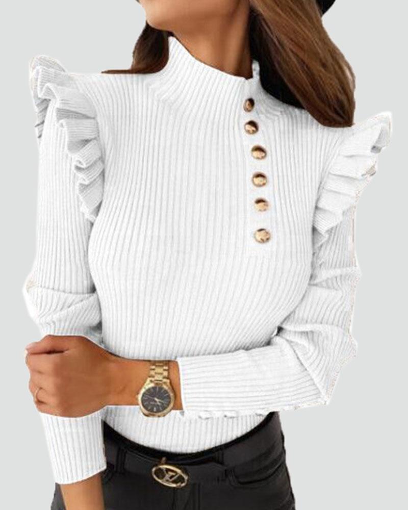 Ribbed Button Detail Ruffle Trim High Neck Sweater-Pinkami