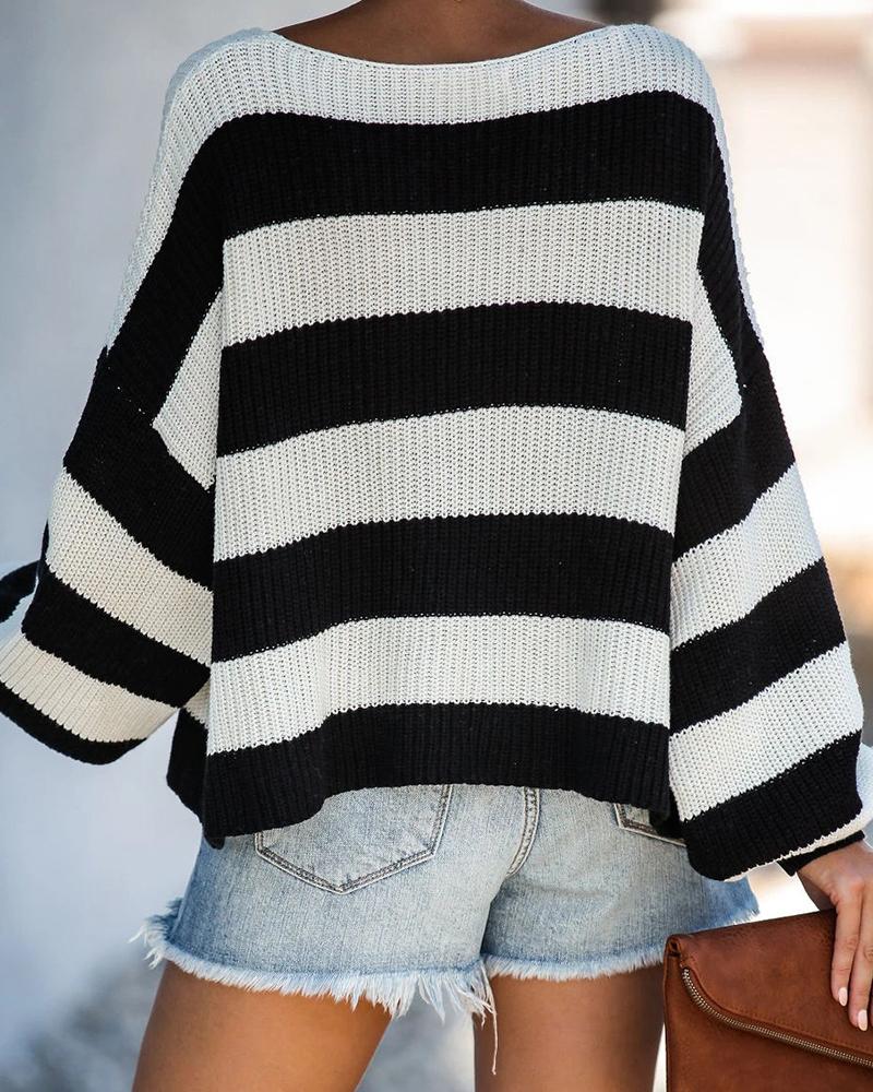 Striped Chunky Knit Puff Sleeve Drop Shoulder Sweater-Pinkami