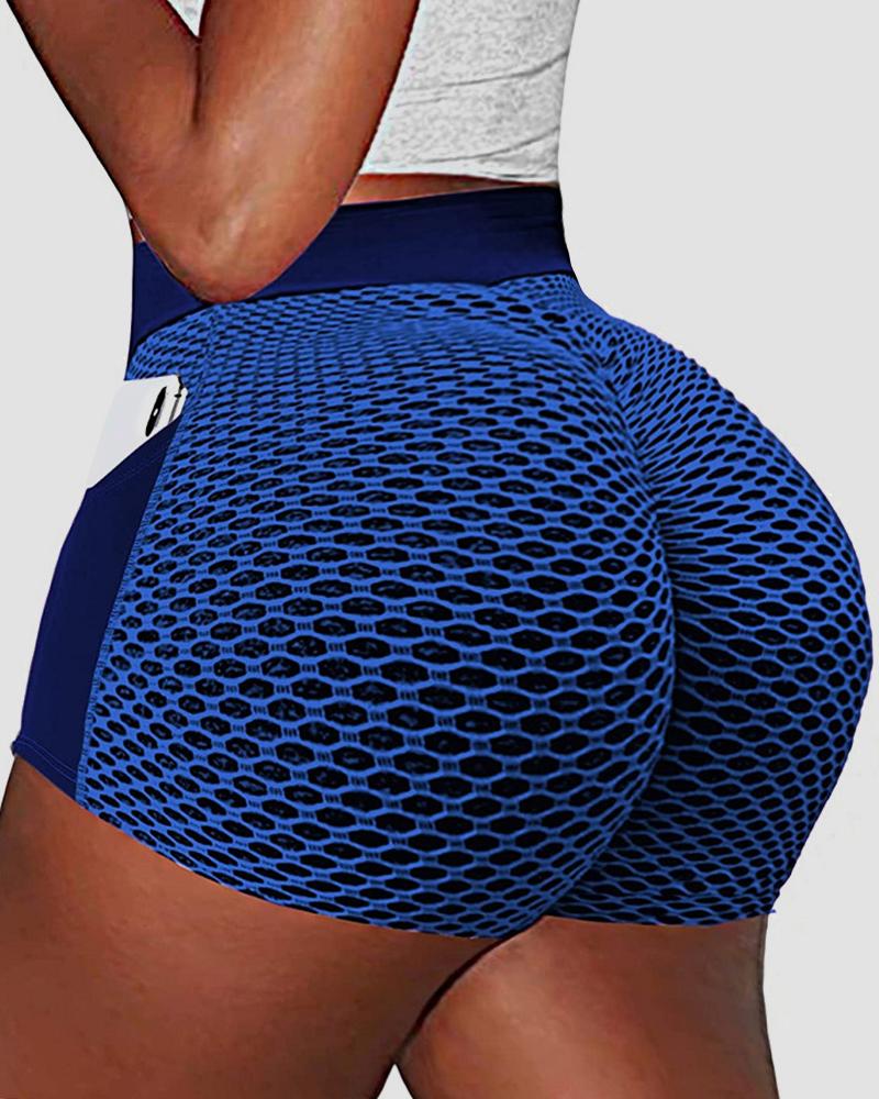 Colorblock Textured Pocket Detail Overlap Waist Sports Shorts-Pinkami