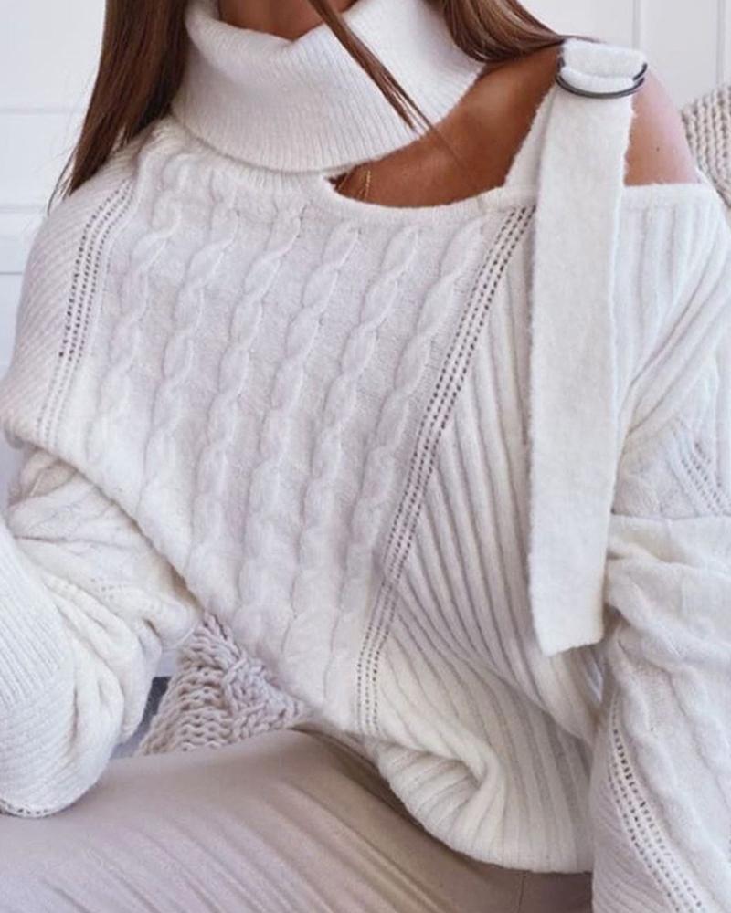 Solid Cable Knit Buckle Cutout Turtleneck Sweater-Pinkami