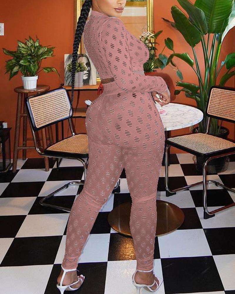 Hollow Out Long Sleeve Mock Neck Top & Pants Set-Pinkami