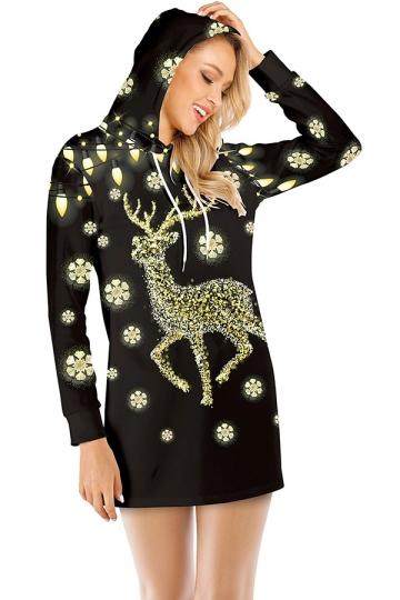 Womens Christmas Reindeer Dress Drawstring Gold-Pinkami