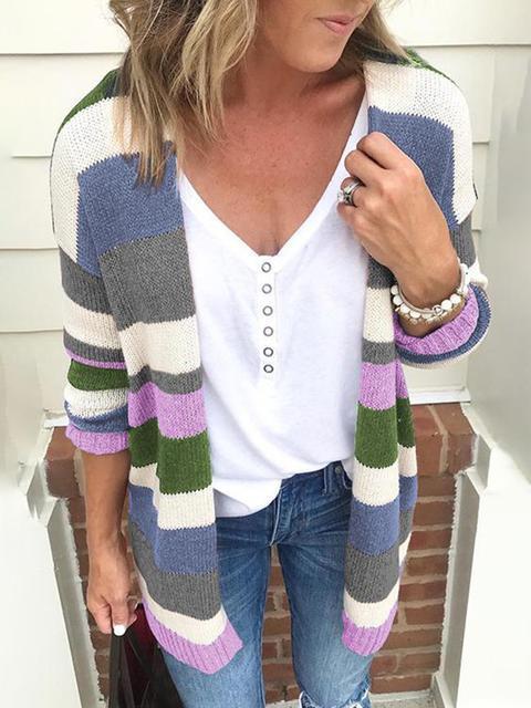 Stripe Splicing Knitted Sweater Cardigan-Pinkami