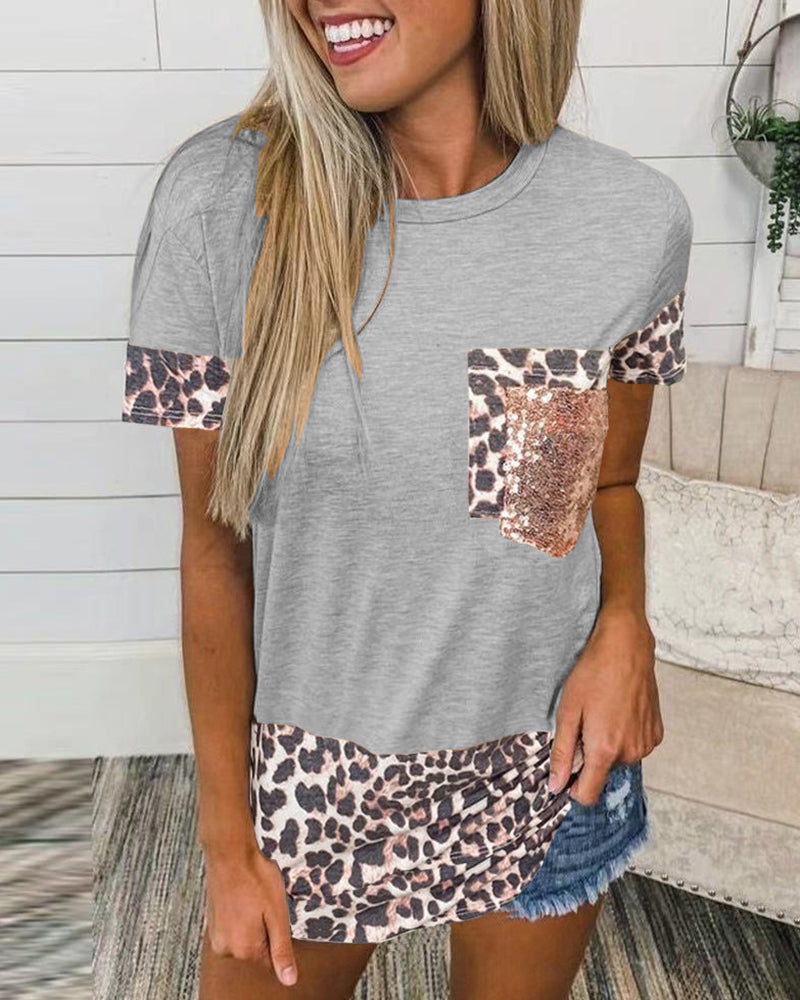 Contrast Leopard Sequin Patched Pocket T-Shirt-Pinkami
