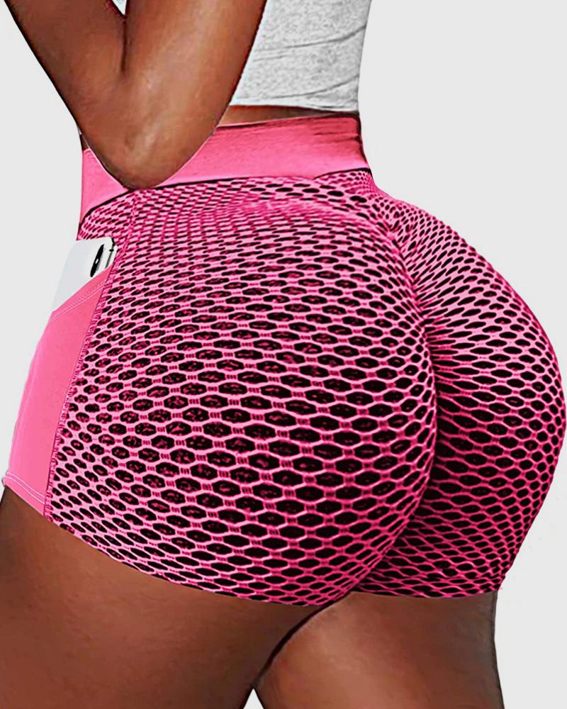 Colorblock Textured Pocket Detail Overlap Waist Sports Shorts-Pinkami