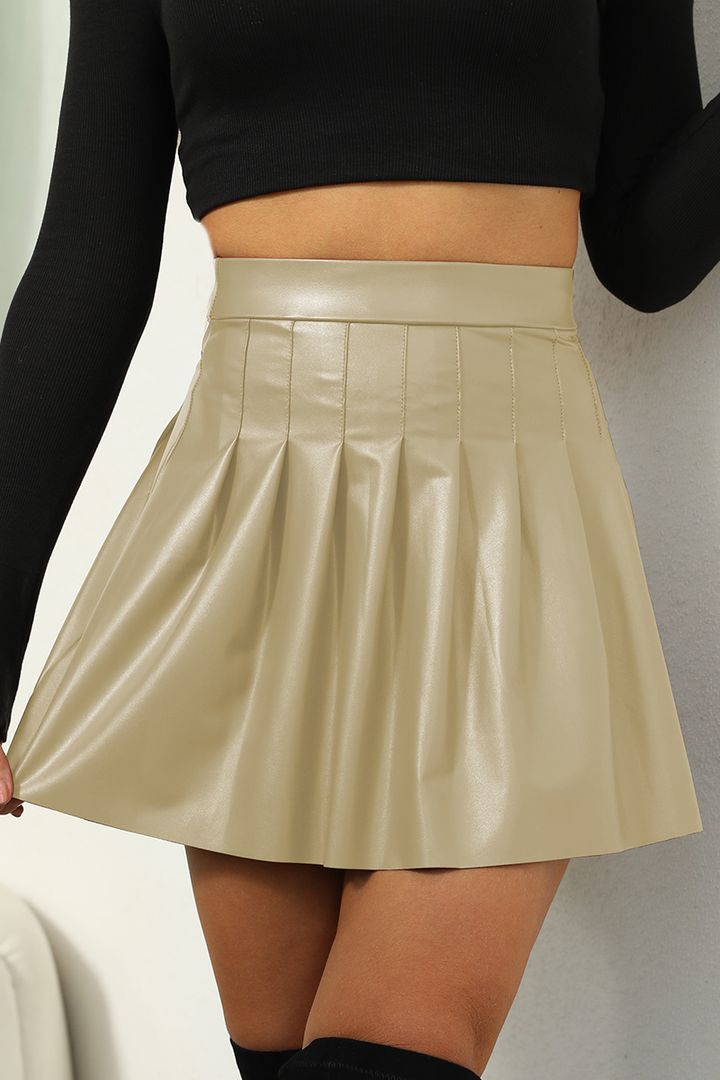 PU Leather Solid Pleated High Waist Mini Skirt