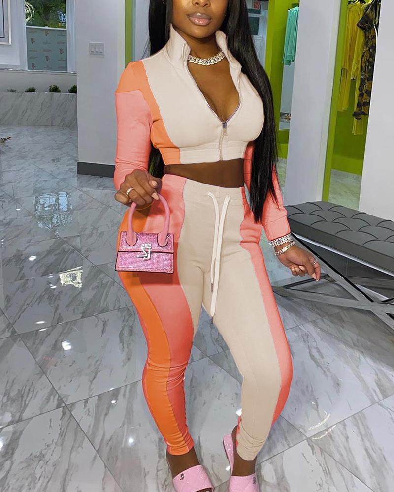 Colorblock Zip Up Drawstring Waist Crop Top & Pants Set-Pinkami