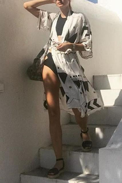 White Geometric Print Drawstring Slit Sexy Beach Cover Up Kimono-Pinkami