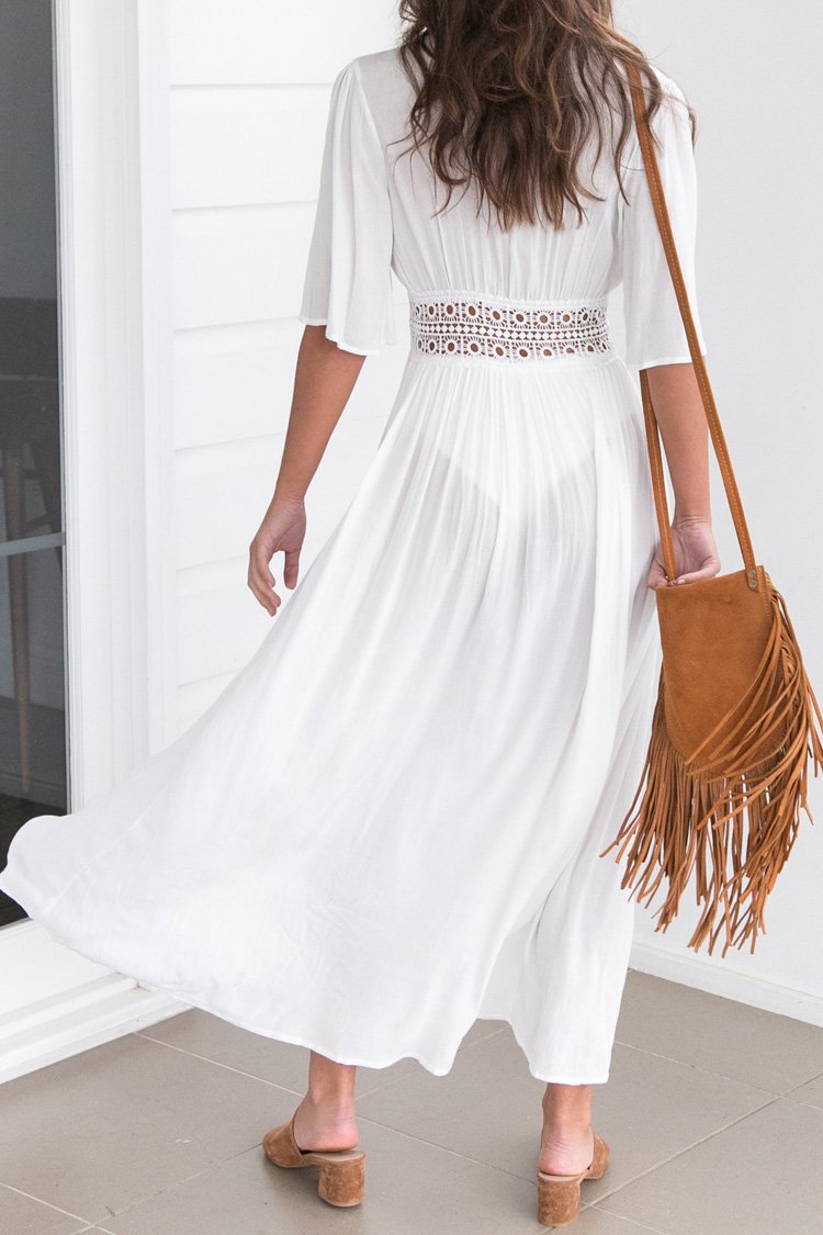White Crochet Trim Maxi Cover Up-Pinkami