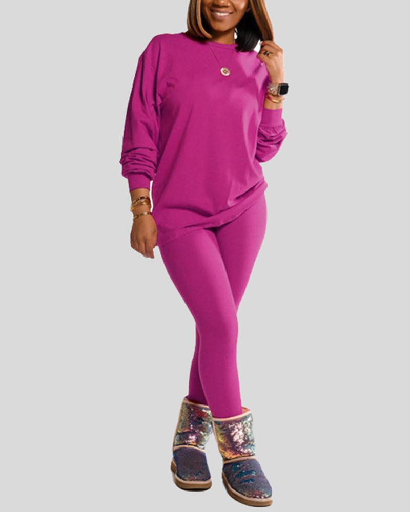 Solid Round Neck Tee & Pants Set-Pinkami