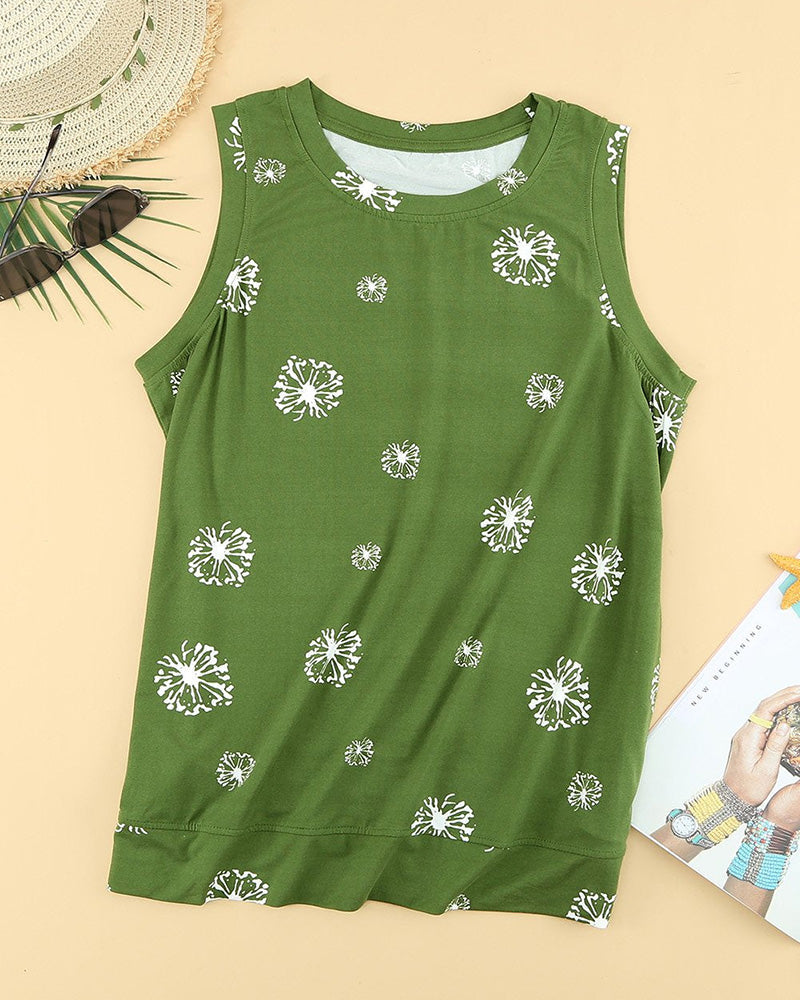 Dandelion Print Split Side Tank Top-Pinkami