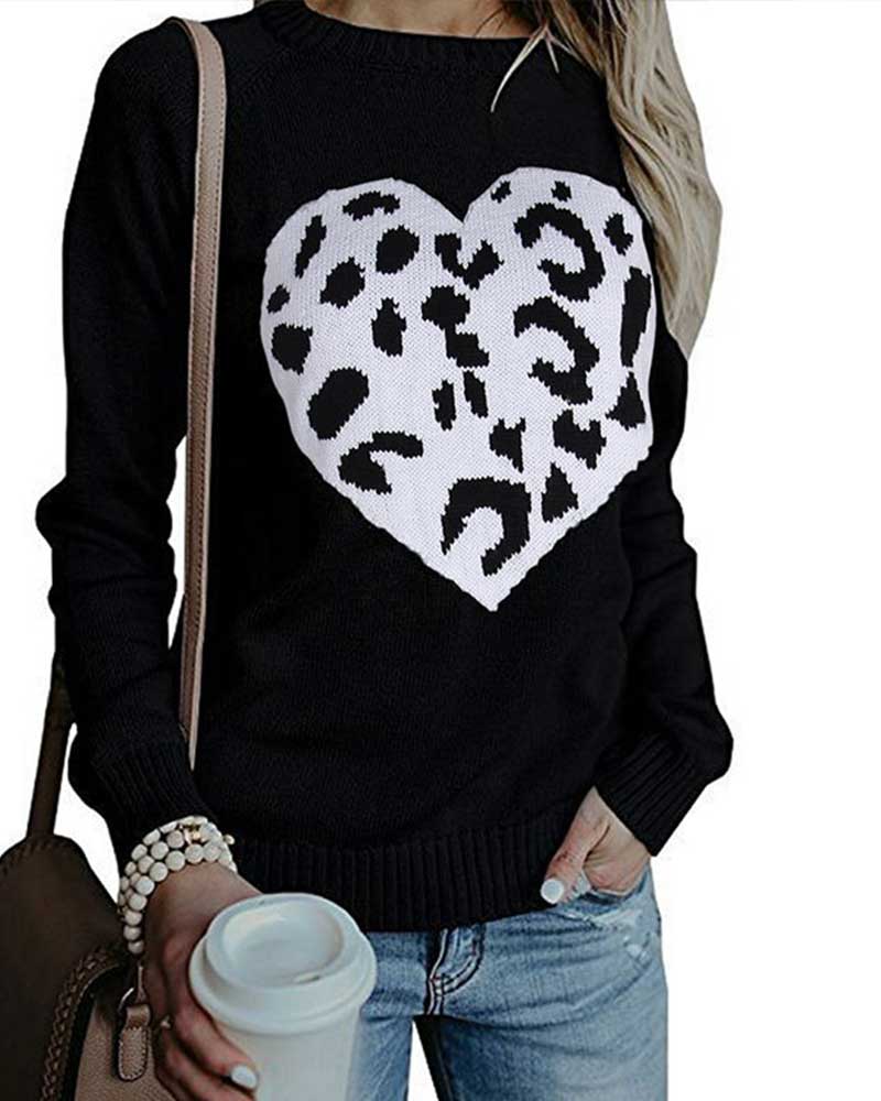 Leopard Heart Pattern Print Rib-Knit Sweater-Pinkami