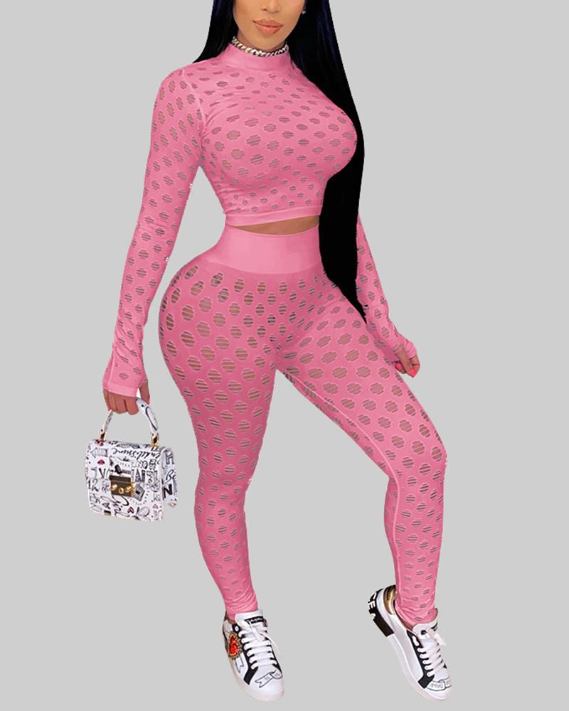 Hollow Out Long Sleeve Mock Neck Top & Pants Set-Pinkami
