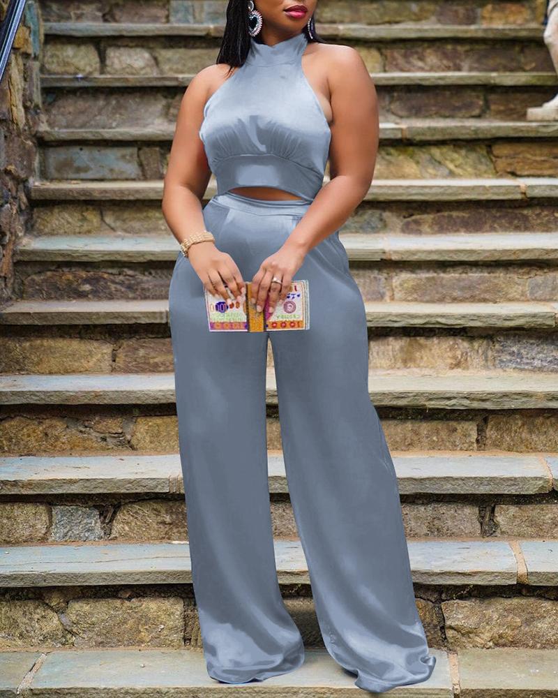 Solid Halter Crop Top & Wide Leg Pants Set-Pinkami