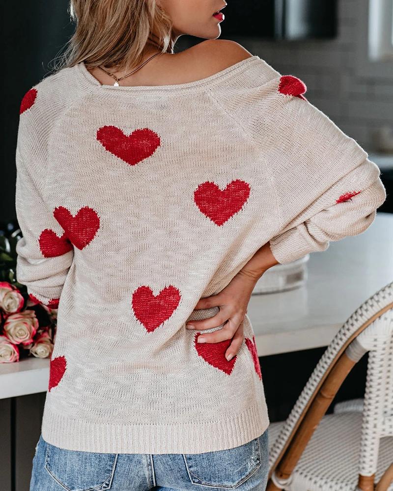 Heart Print Rib Knit Raglan Sleeve Sweater-Pinkami