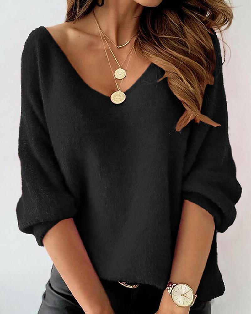 Solid V Neck Sweater-Pinkami