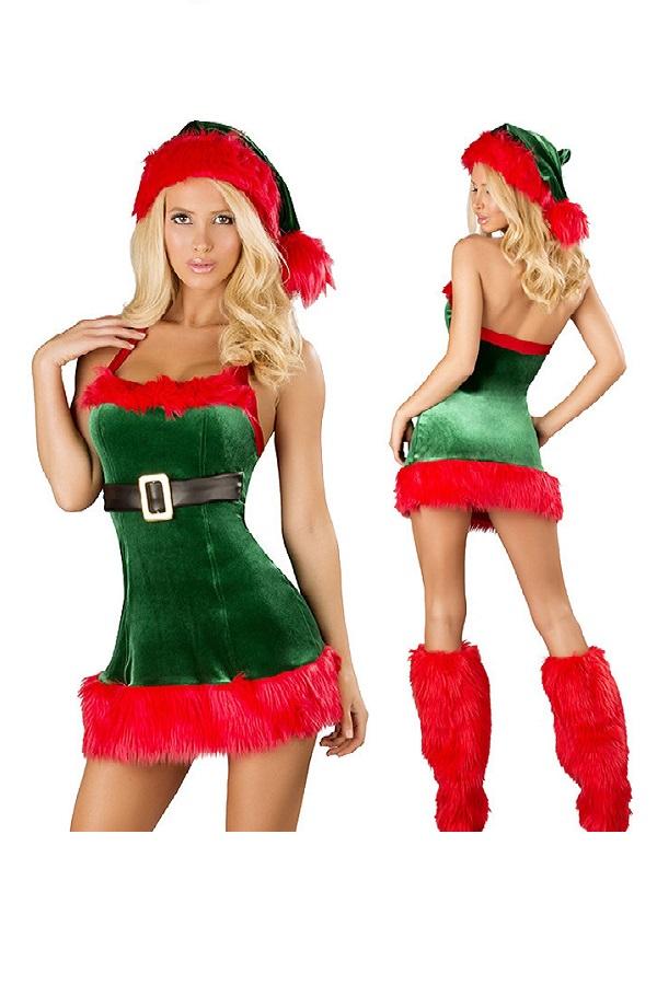 Sexy Fur Trim Christmas Santa Elf Costume for Women-Pinkami