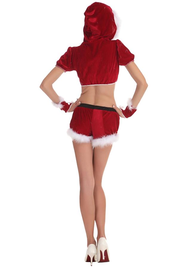 Womens Sexy Short Sleeve Crop Top Santa Christmas Costume Red-Pinkami