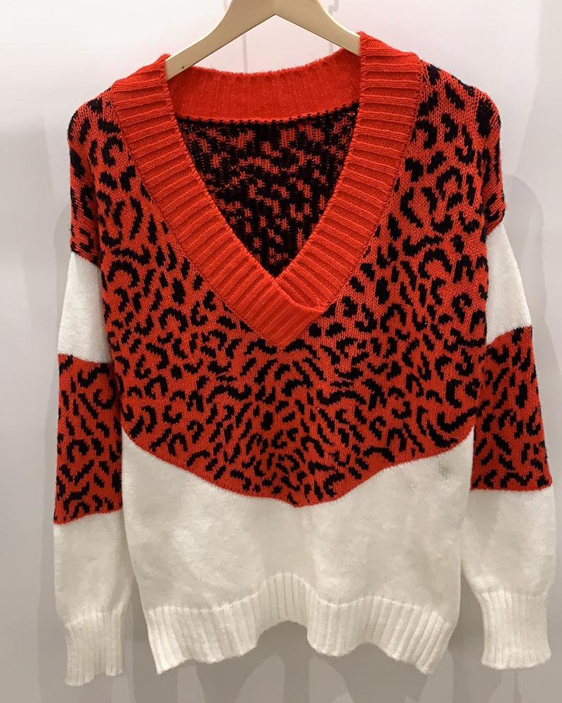 Colorblock Leopard Print Overlap Collar Sweater-Pinkami